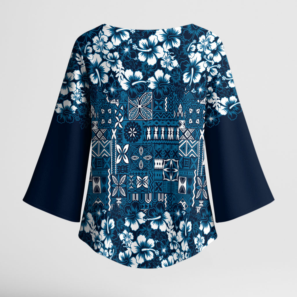 Blue Hawaiian Tapa Tribal Hibiscus Kimono Sleeve Blouse LT9 - Polynesian Pride