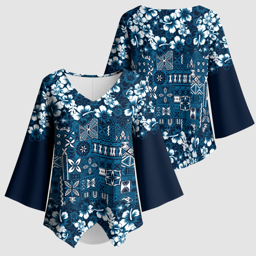 Blue Hawaiian Tapa Tribal Hibiscus Kimono Sleeve Blouse LT9 - Polynesian Pride