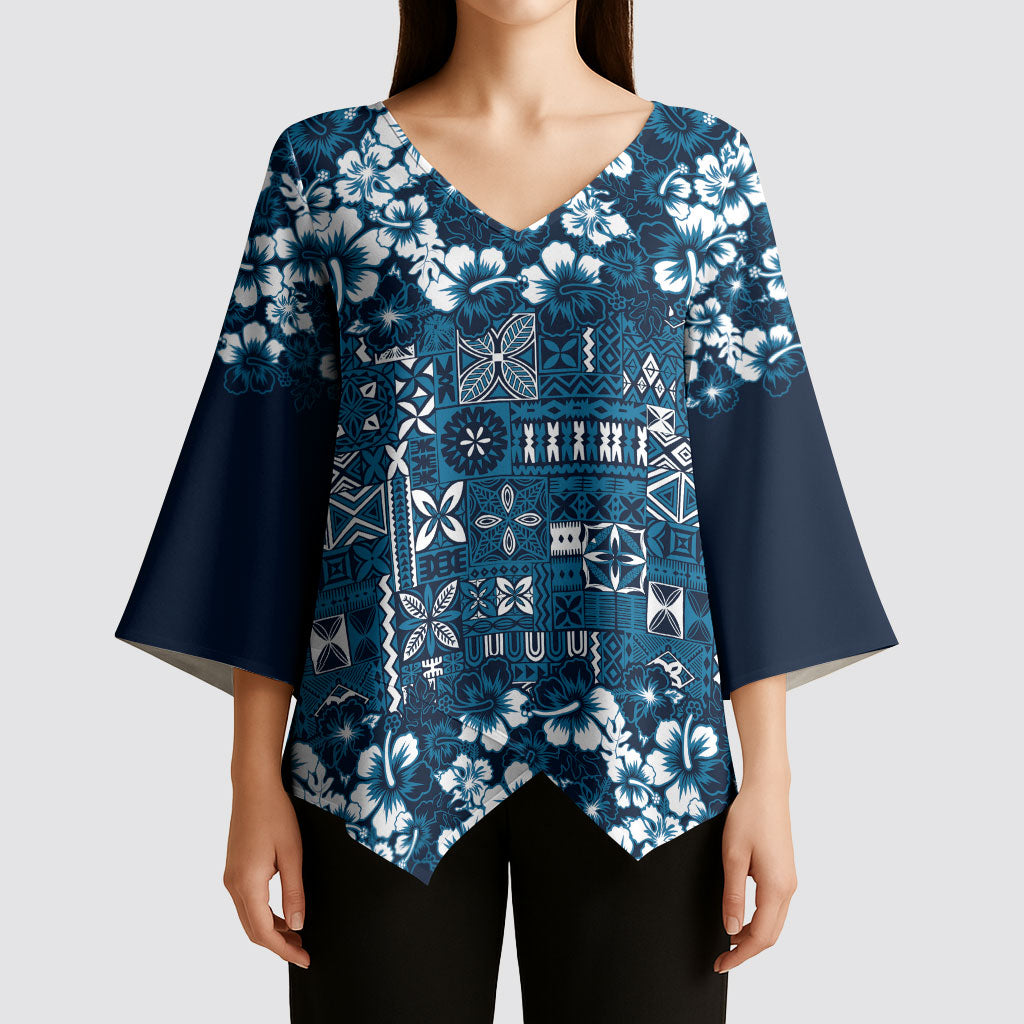 Blue Hawaiian Tapa Tribal Hibiscus Kimono Sleeve Blouse LT9 - Polynesian Pride
