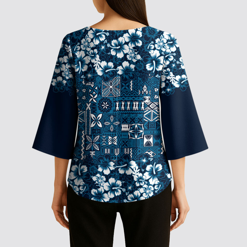 Blue Hawaiian Tapa Tribal Hibiscus Kimono Sleeve Blouse LT9 - Polynesian Pride