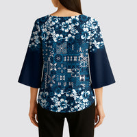 Blue Hawaiian Tapa Tribal Hibiscus Kimono Sleeve Blouse LT9 - Polynesian Pride