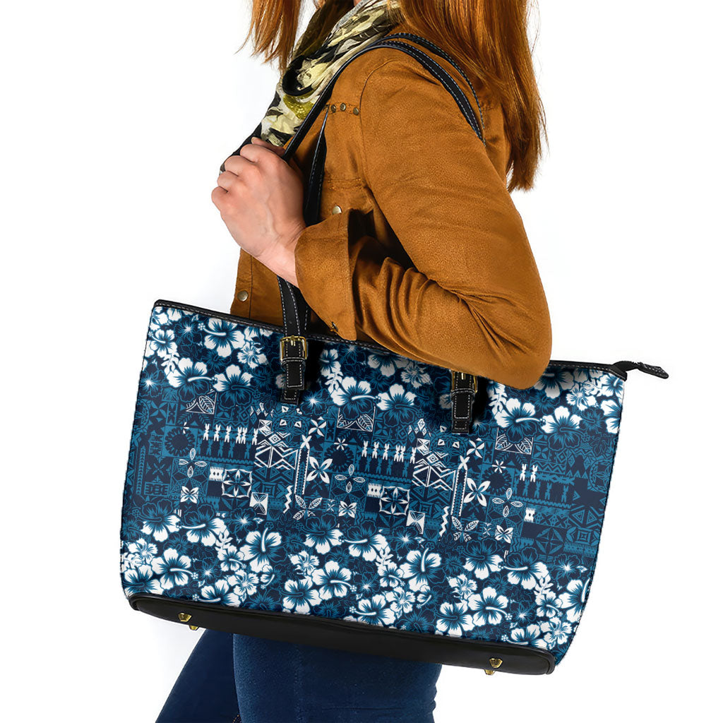 Blue Hawaiian Tapa Tribal Hibiscus Leather Tote Bag LT9 Blue - Polynesian Pride