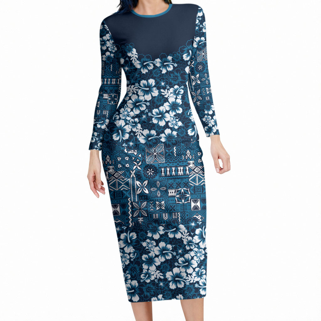 Blue Hawaiian Tapa Tribal Hibiscus Long Sleeve Bodycon Dress LT9 Long Dress Blue - Polynesian Pride