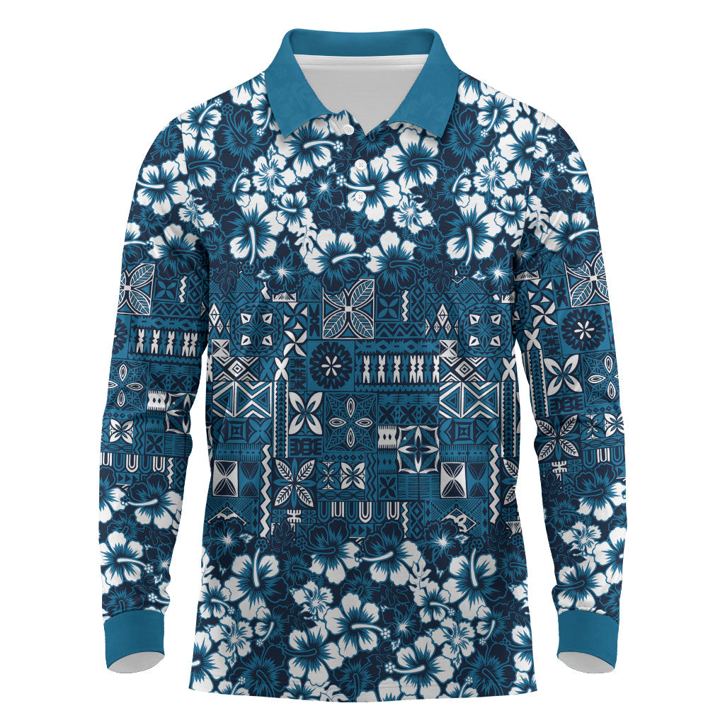 Blue Hawaiian Tapa Tribal Hibiscus Long Sleeve Polo Shirt LT9 Blue - Polynesian Pride