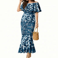 Blue Hawaiian Tapa Tribal Hibiscus Mermaid Dress LT9 Women Blue - Polynesian Pride