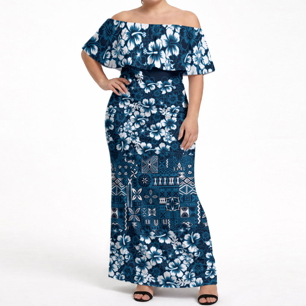 Blue Hawaiian Tapa Tribal Hibiscus Off Shoulder Maxi Dress LT9 Women Blue - Polynesian Pride