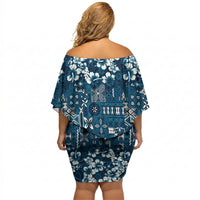 Blue Hawaiian Tapa Tribal Hibiscus Off Shoulder Short Dress LT9 - Polynesian Pride