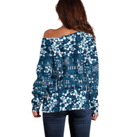 Blue Hawaiian Tapa Tribal Hibiscus Off Shoulder Sweater LT9 - Polynesian Pride