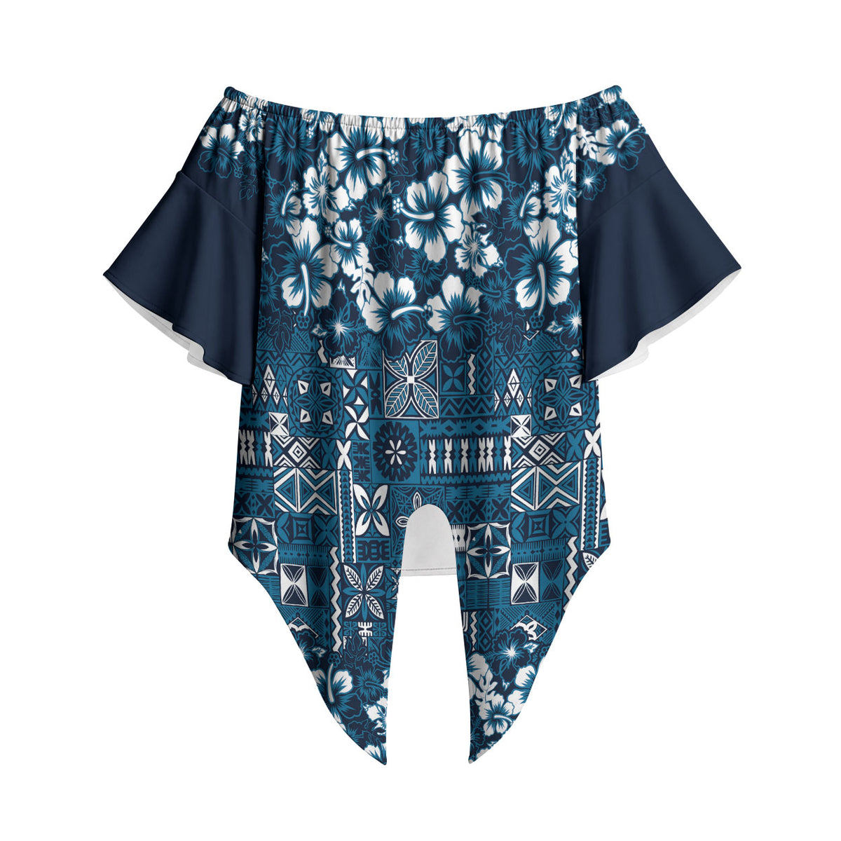 Blue Hawaiian Tapa Tribal Hibiscus Off Shoulder Wrap Waist Top LT9 Blue - Polynesian Pride