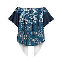 Blue Hawaiian Tapa Tribal Hibiscus Off Shoulder Wrap Waist Top LT9 - Polynesian Pride