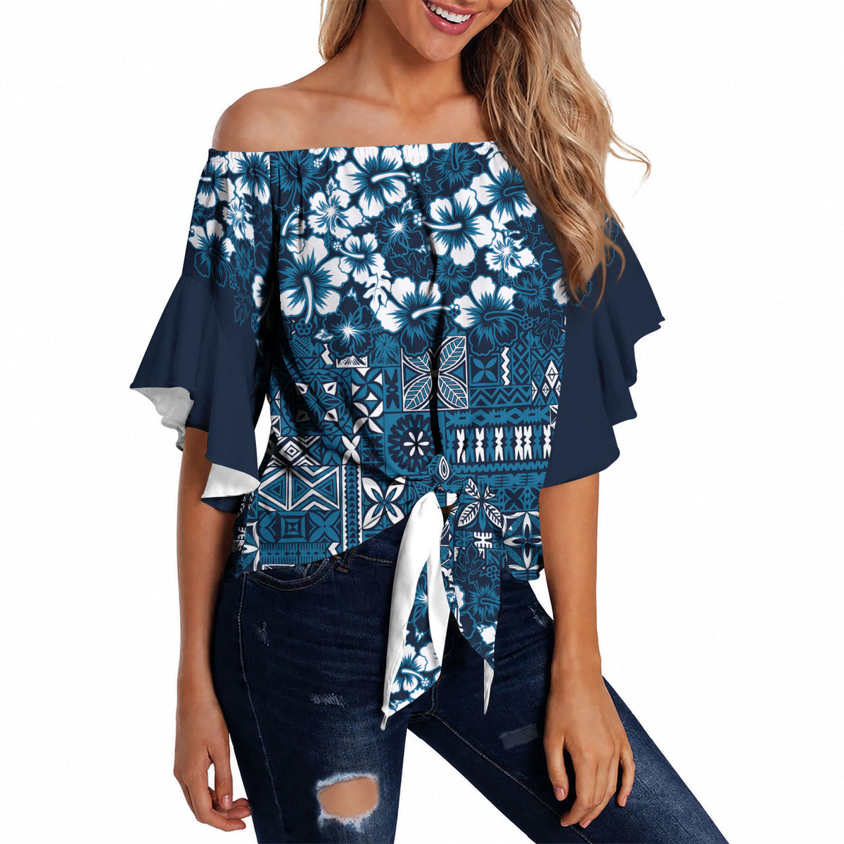 Blue Hawaiian Tapa Tribal Hibiscus Off Shoulder Wrap Waist Top LT9 - Polynesian Pride