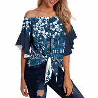 Blue Hawaiian Tapa Tribal Hibiscus Off Shoulder Wrap Waist Top LT9 - Polynesian Pride