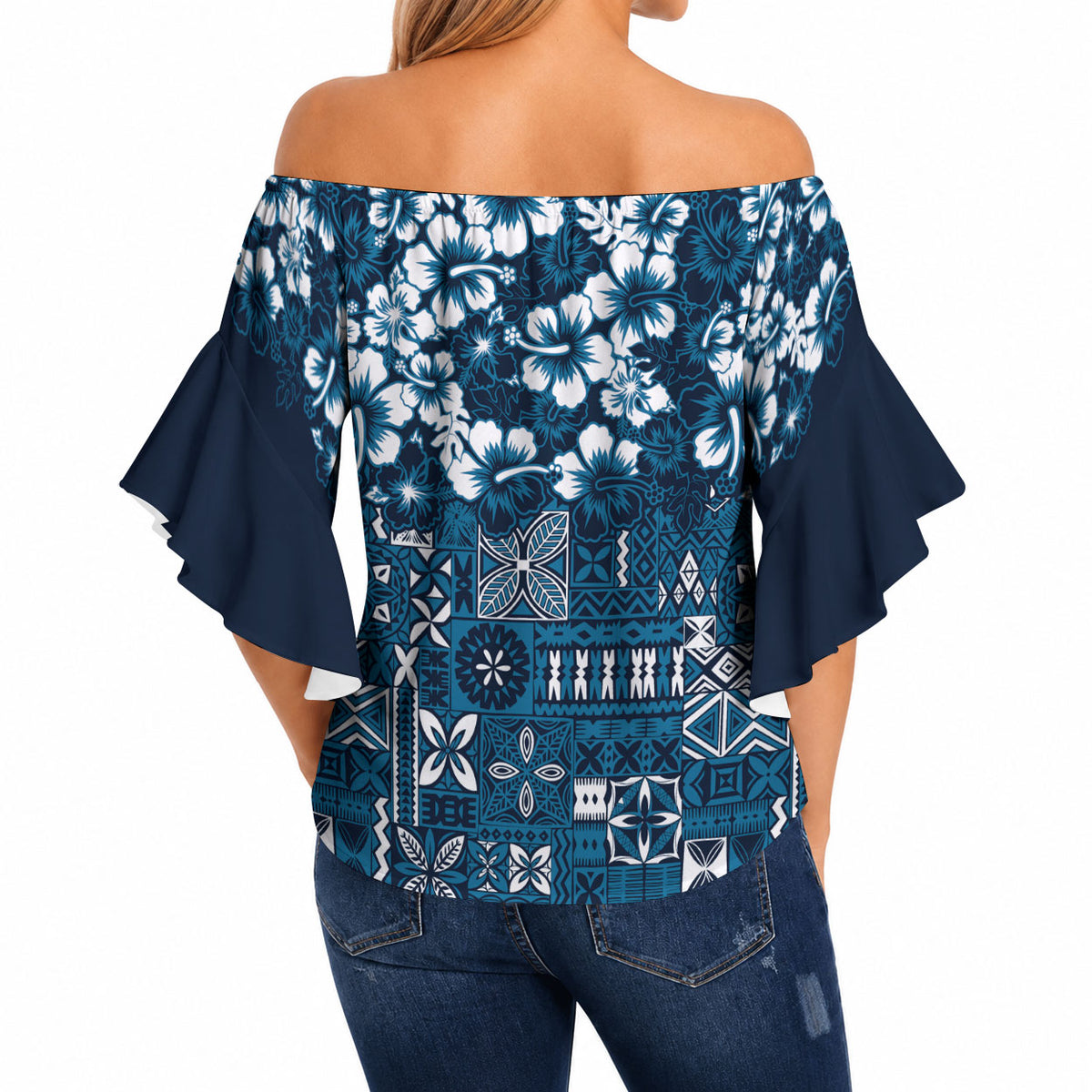 Blue Hawaiian Tapa Tribal Hibiscus Off Shoulder Wrap Waist Top LT9 - Polynesian Pride