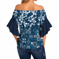 Blue Hawaiian Tapa Tribal Hibiscus Off Shoulder Wrap Waist Top LT9 - Polynesian Pride
