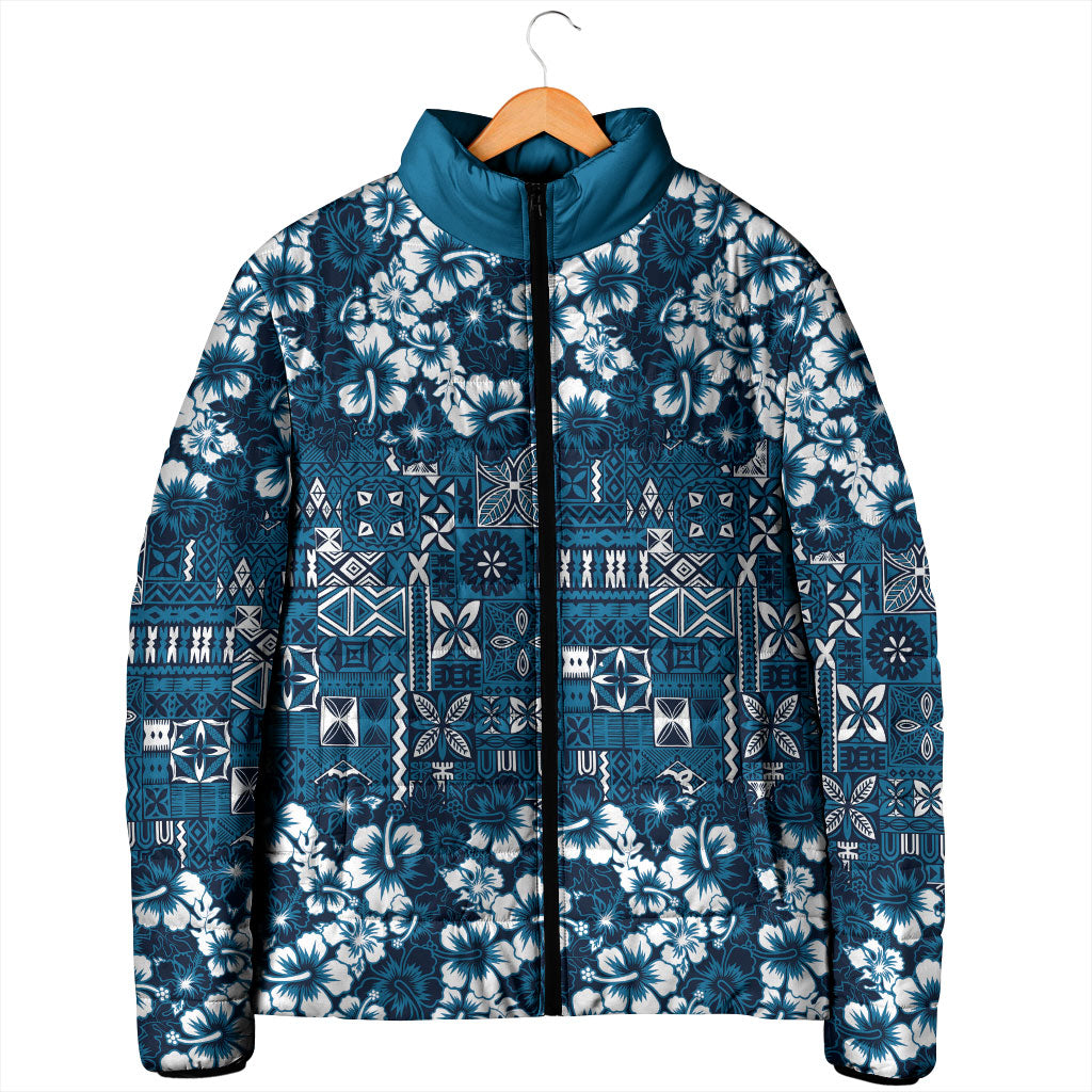 Blue Hawaiian Tapa Tribal Hibiscus Padded Jacket LT9 - Polynesian Pride