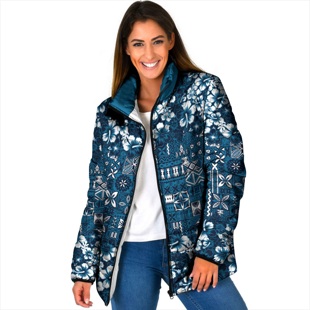 Blue Hawaiian Tapa Tribal Hibiscus Padded Jacket LT9 Women Blue - Polynesian Pride