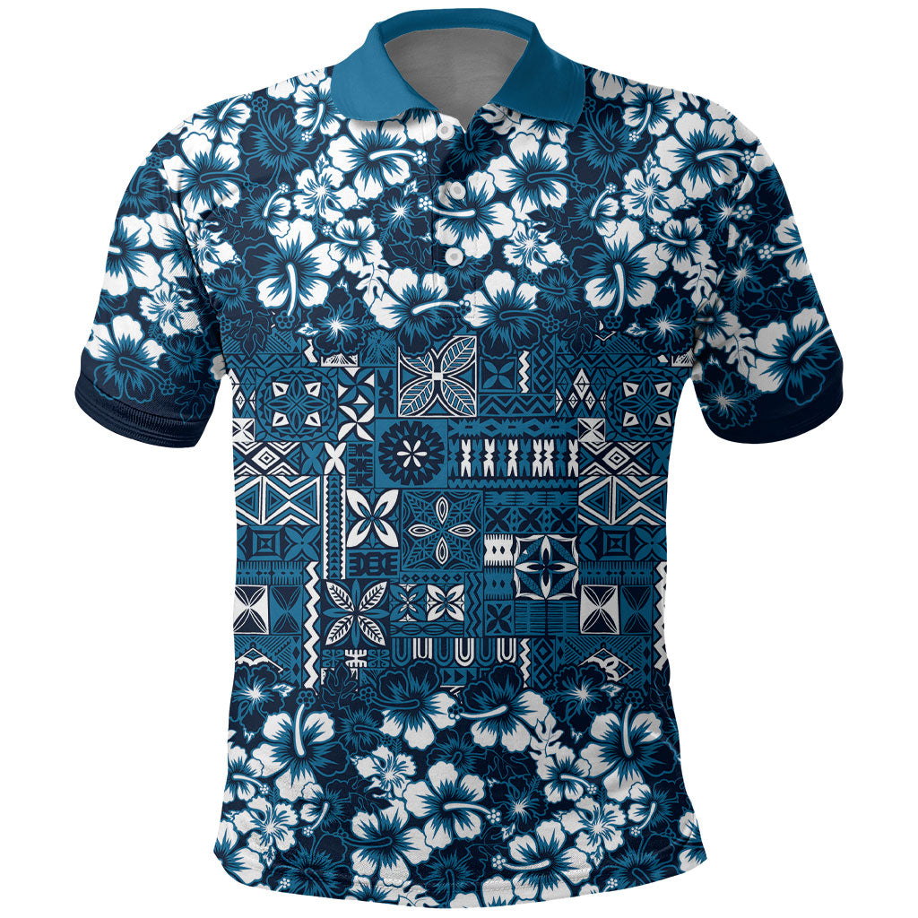 Blue Hawaiian Tapa Tribal Hibiscus Polo Shirt LT9 Blue - Polynesian Pride
