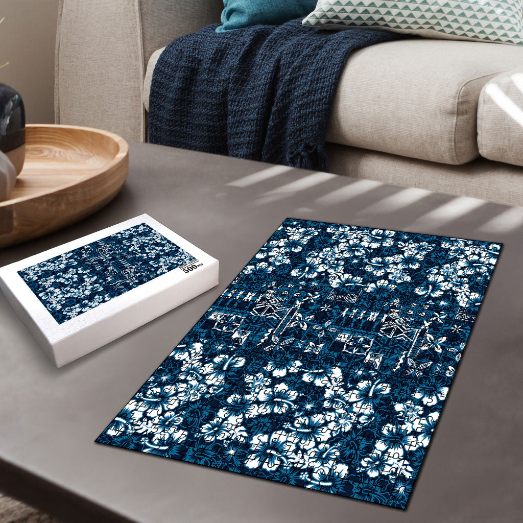 Blue Hawaiian Tapa Tribal Hibiscus Puzzle LT9 - Polynesian Pride