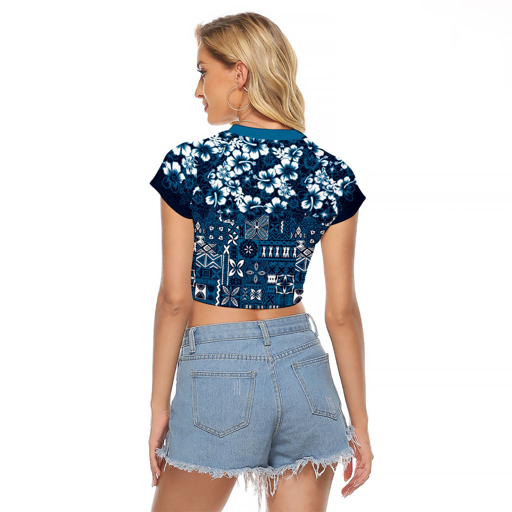 Blue Hawaiian Tapa Tribal Hibiscus Raglan Cropped T Shirt LT9 - Polynesian Pride