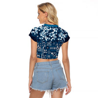 Blue Hawaiian Tapa Tribal Hibiscus Raglan Cropped T Shirt LT9 - Polynesian Pride