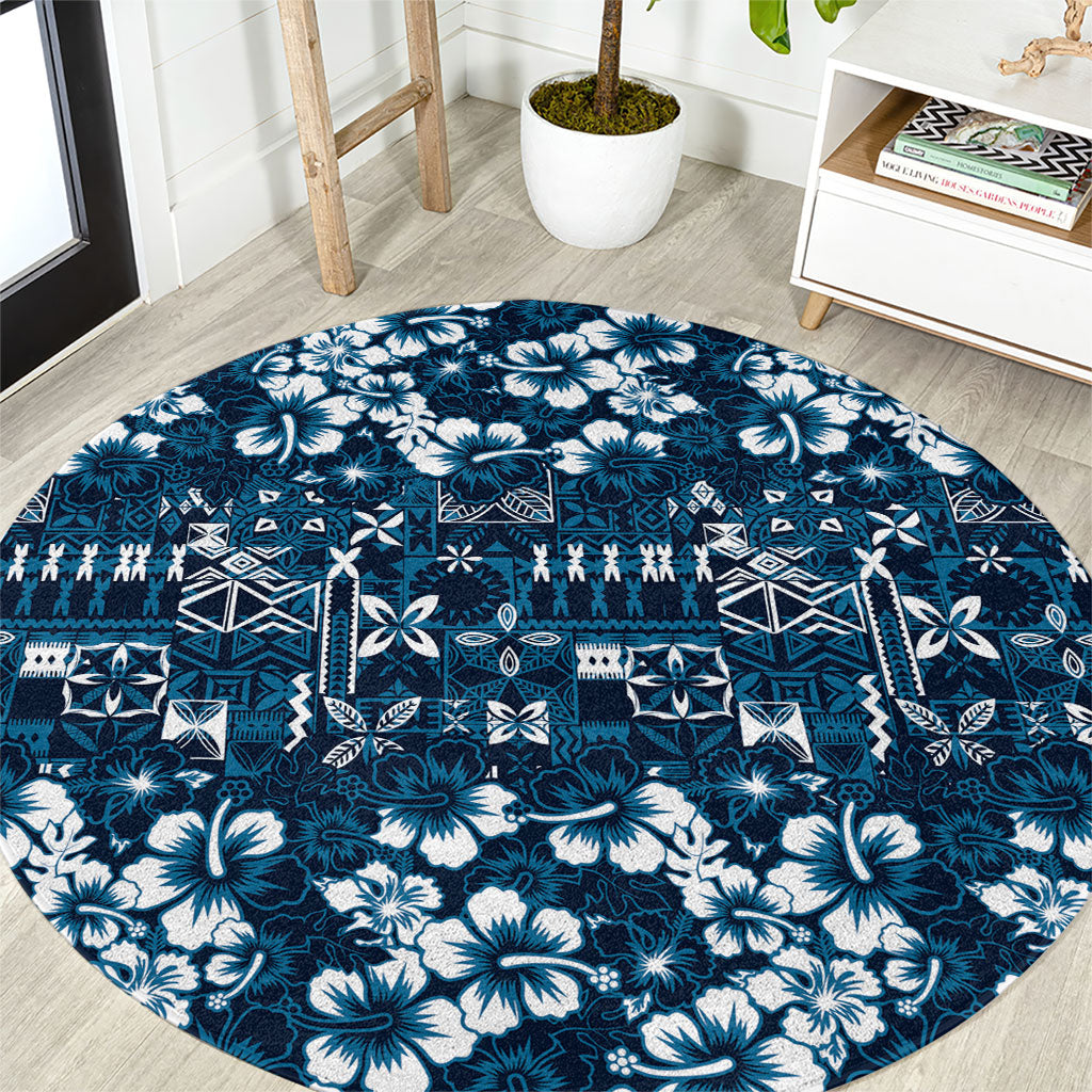 Blue Hawaiian Tapa Tribal Hibiscus Round Carpet LT9 Blue - Polynesian Pride