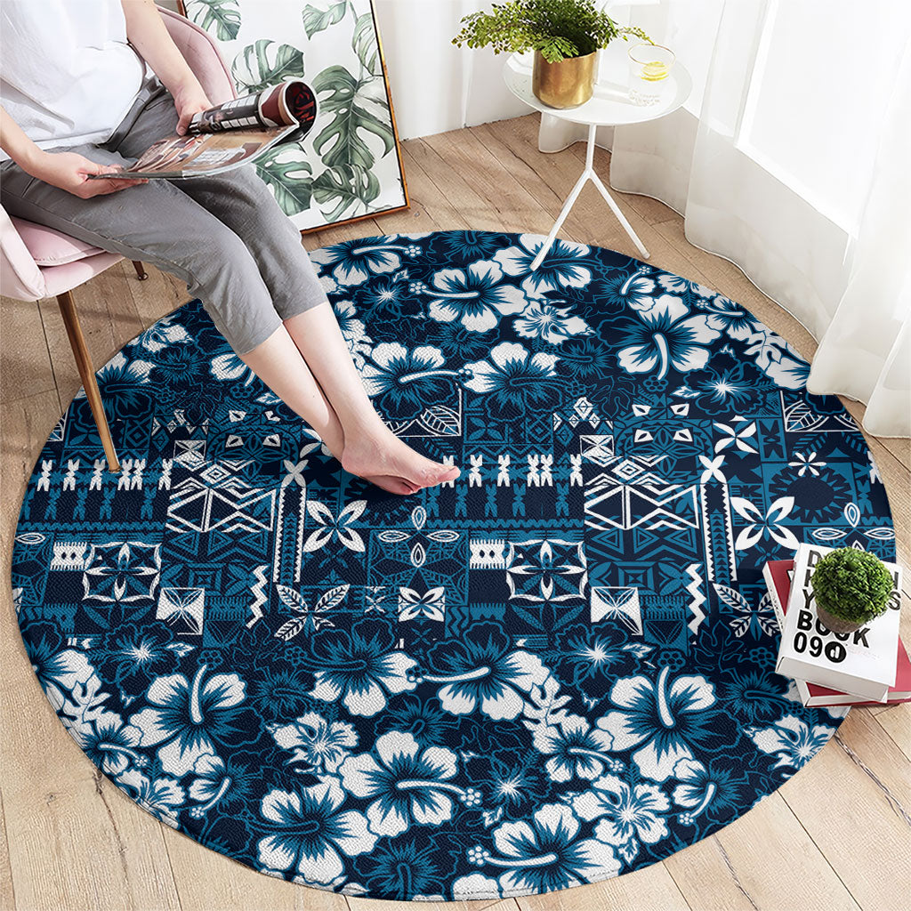 Blue Hawaiian Tapa Tribal Hibiscus Round Carpet LT9 - Polynesian Pride