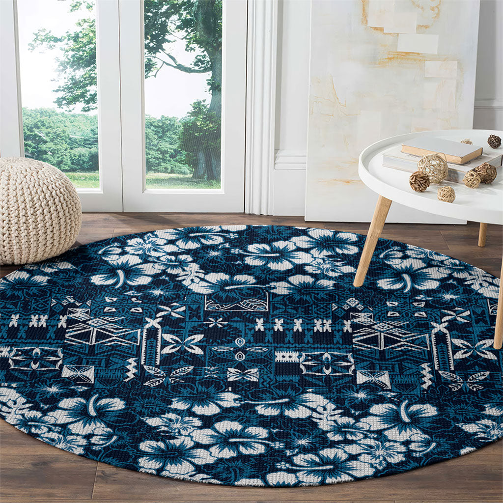 Blue Hawaiian Tapa Tribal Hibiscus Round Carpet LT9 - Polynesian Pride