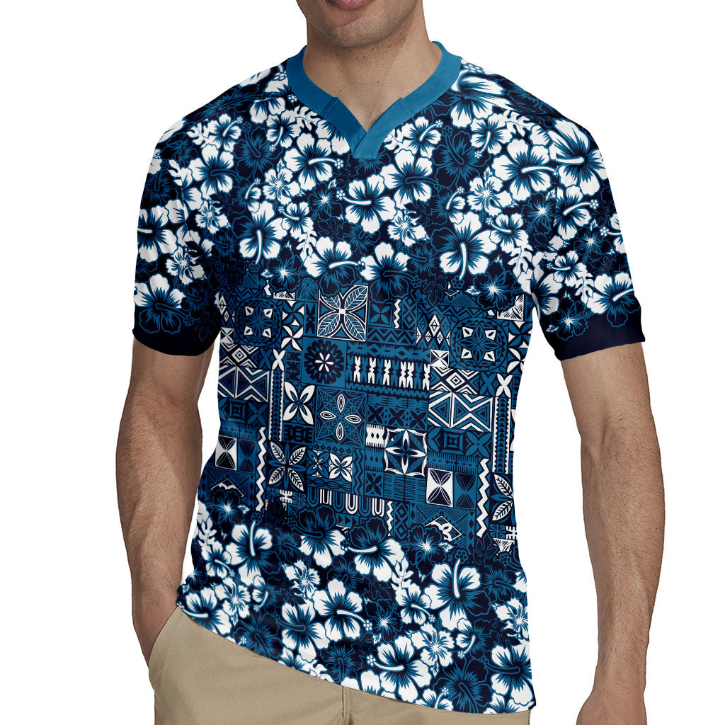 Blue Hawaiian Tapa Tribal Hibiscus Rugby Jersey LT9 - Polynesian Pride