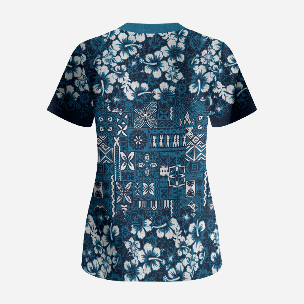 Blue Hawaiian Tapa Tribal Hibiscus Scrub Top LT9 - Polynesian Pride