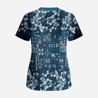 Blue Hawaiian Tapa Tribal Hibiscus Scrub Top LT9 - Polynesian Pride