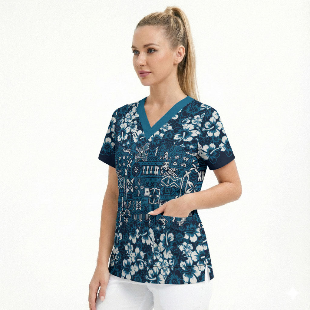 Blue Hawaiian Tapa Tribal Hibiscus Scrub Top LT9 - Polynesian Pride