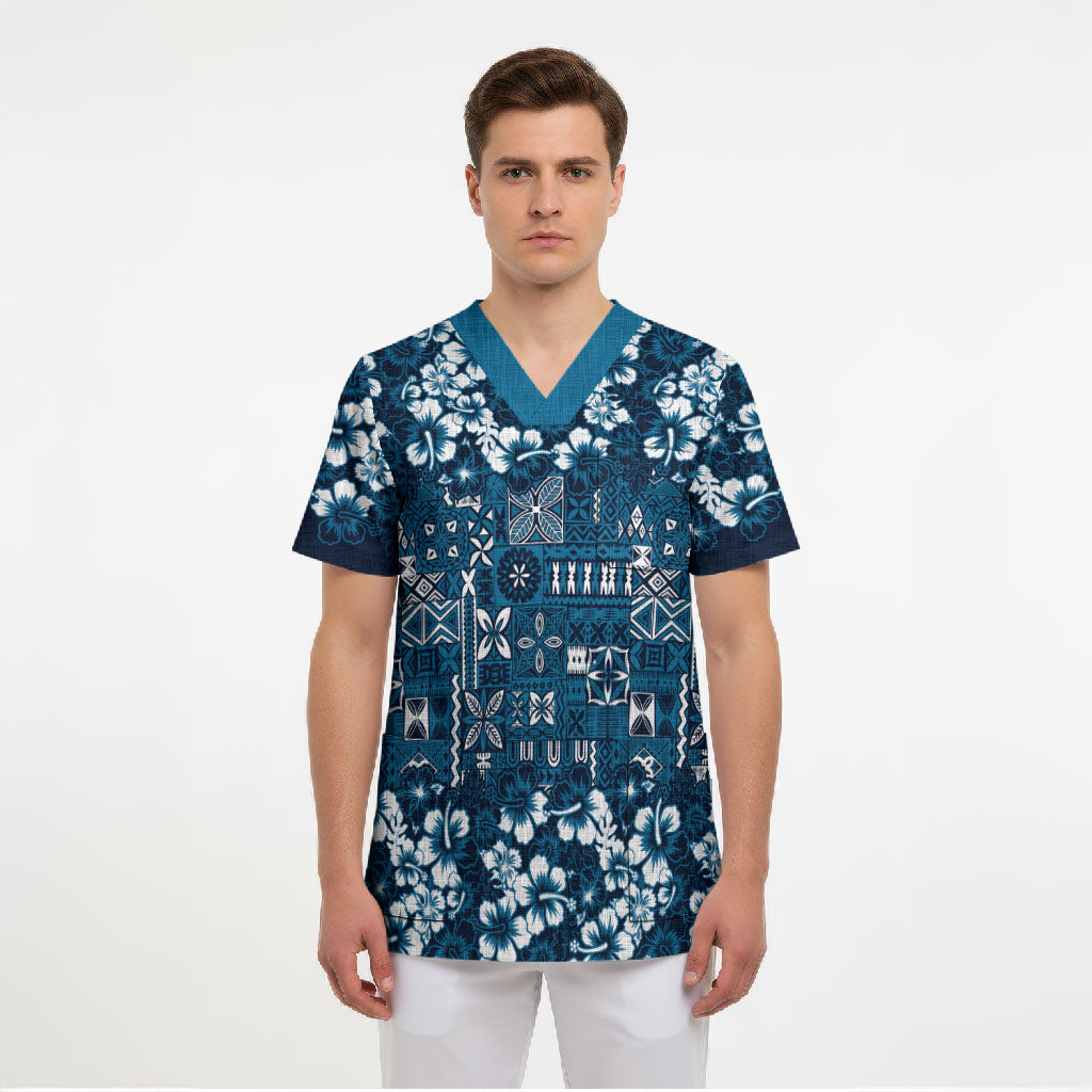 Blue Hawaiian Tapa Tribal Hibiscus Scrub Top LT9 - Polynesian Pride