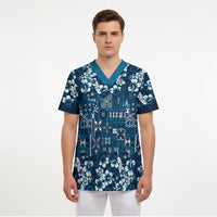 Blue Hawaiian Tapa Tribal Hibiscus Scrub Top LT9 - Polynesian Pride