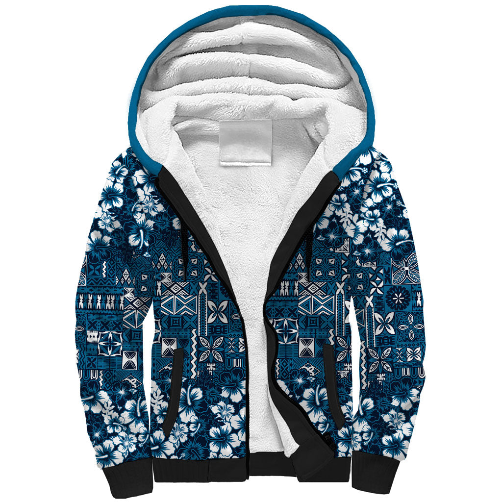Blue Hawaiian Tapa Tribal Hibiscus Sherpa Hoodie LT9 Unisex Blue - Polynesian Pride