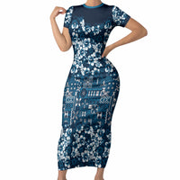 Blue Hawaiian Tapa Tribal Hibiscus Short Sleeve Bodycon Dress LT9 Long Dress Blue - Polynesian Pride