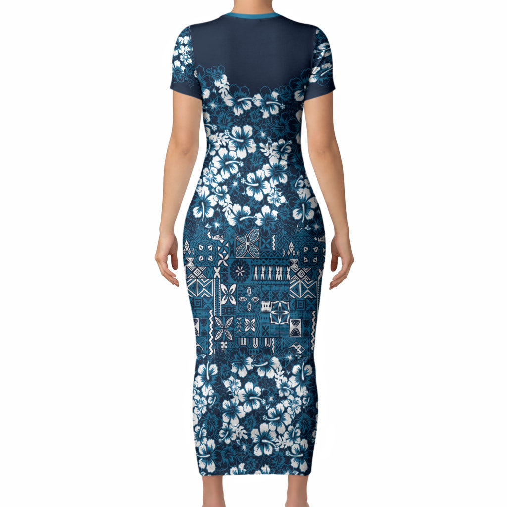 Blue Hawaiian Tapa Tribal Hibiscus Short Sleeve Bodycon Dress LT9 - Polynesian Pride