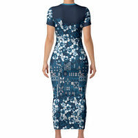 Blue Hawaiian Tapa Tribal Hibiscus Short Sleeve Bodycon Dress LT9 - Polynesian Pride