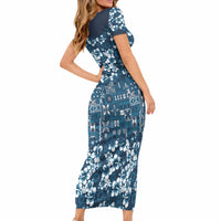 Blue Hawaiian Tapa Tribal Hibiscus Short Sleeve Bodycon Dress LT9 - Polynesian Pride