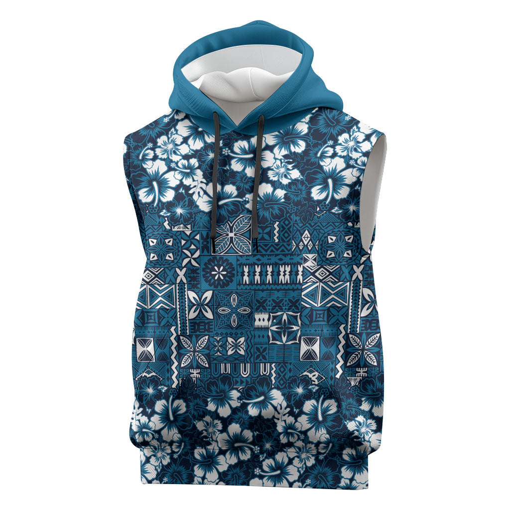Blue Hawaiian Tapa Tribal Hibiscus Sleeveless Hoodie LT9 Blue - Polynesian Pride