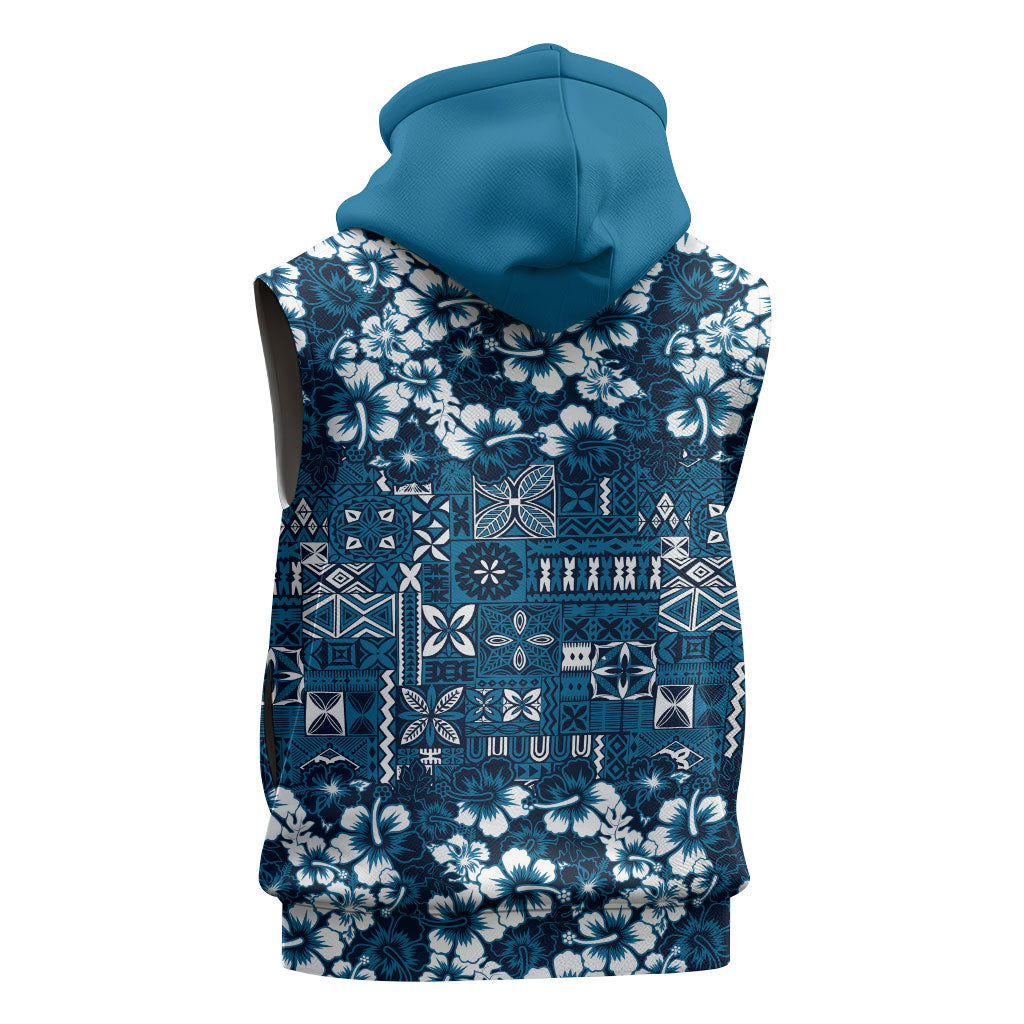 Blue Hawaiian Tapa Tribal Hibiscus Sleeveless Hoodie LT9 - Polynesian Pride