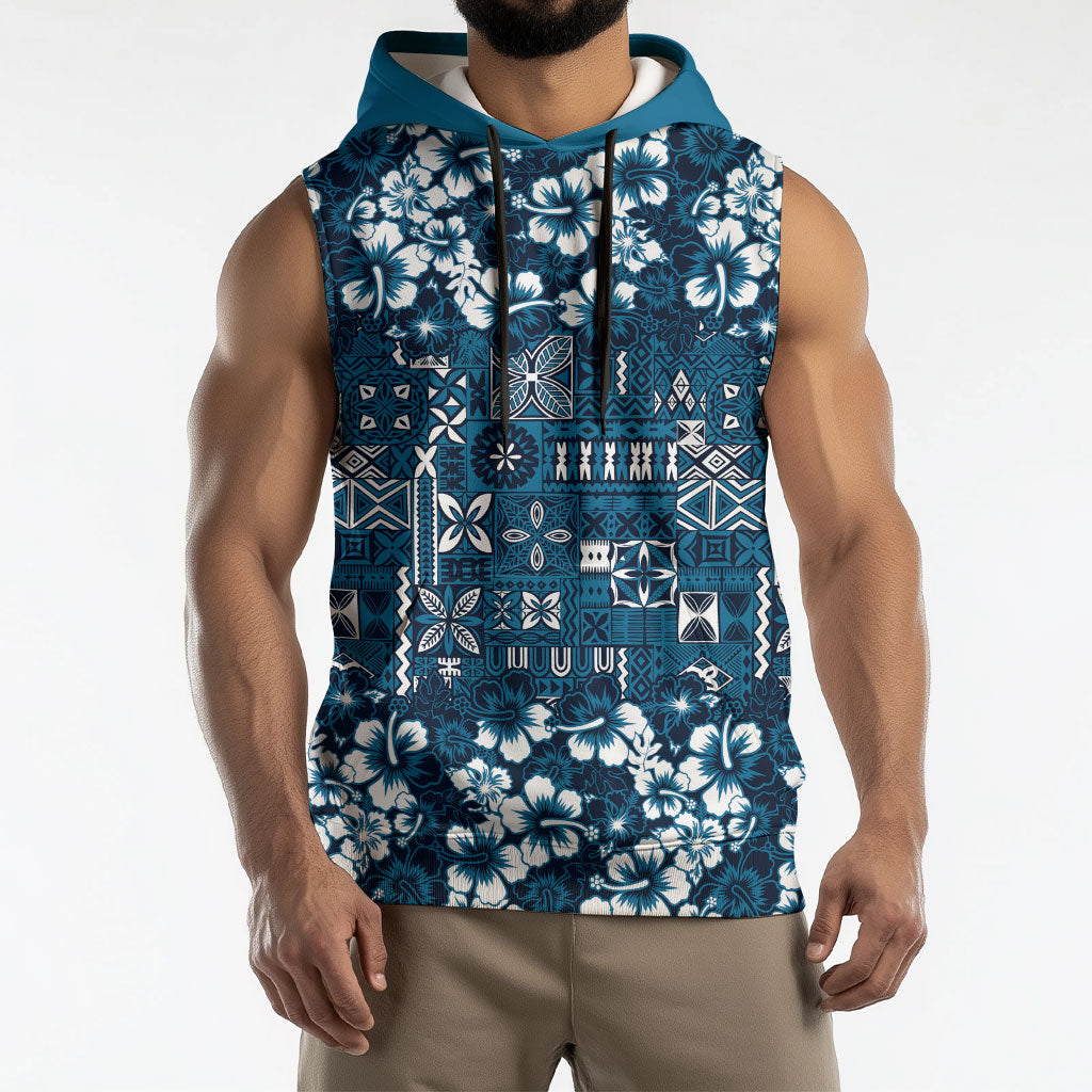 Blue Hawaiian Tapa Tribal Hibiscus Sleeveless Hoodie LT9 - Polynesian Pride