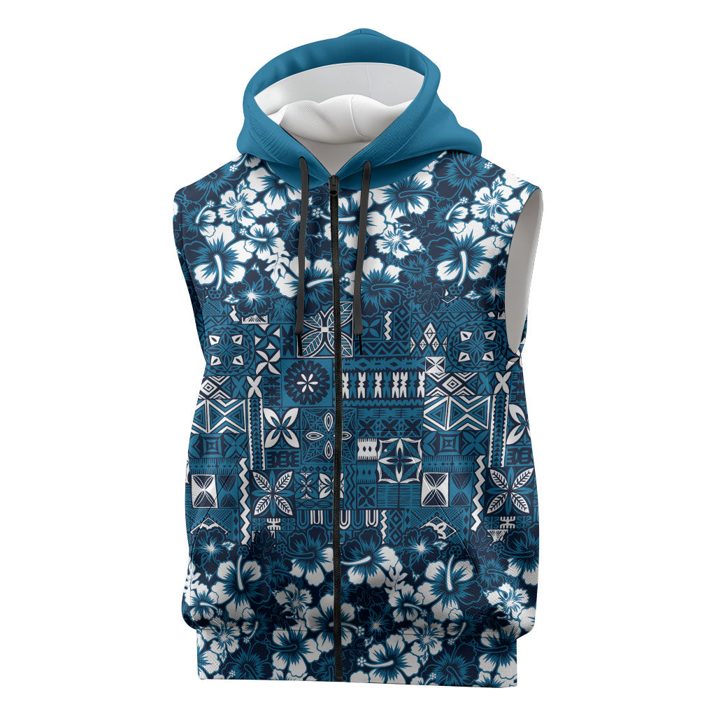 Blue Hawaiian Tapa Tribal Hibiscus Sleeveless Zip Hoodie LT9 Blue - Polynesian Pride