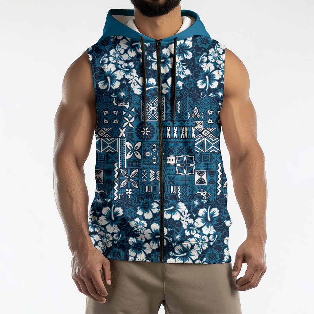 Blue Hawaiian Tapa Tribal Hibiscus Sleeveless Zip Hoodie LT9 - Polynesian Pride