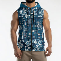 Blue Hawaiian Tapa Tribal Hibiscus Sleeveless Zip Hoodie LT9 - Polynesian Pride
