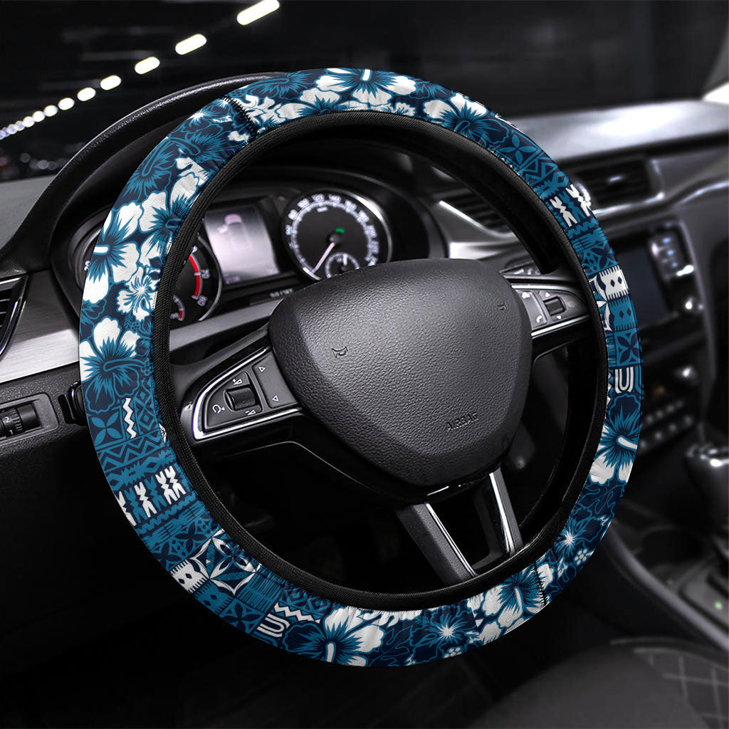 Blue Hawaiian Tapa Tribal Hibiscus Steering Wheel Cover LT9 Universal Fit Blue - Polynesian Pride