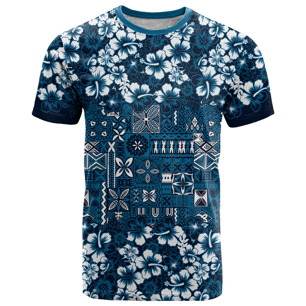 Blue Hawaiian Tapa Tribal Hibiscus T Shirt LT9 Blue - Polynesian Pride