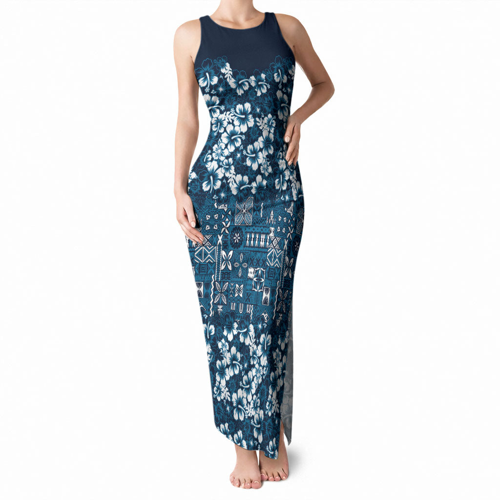 Blue Hawaiian Tapa Tribal Hibiscus Tank Maxi Dress LT9 Women Blue - Polynesian Pride