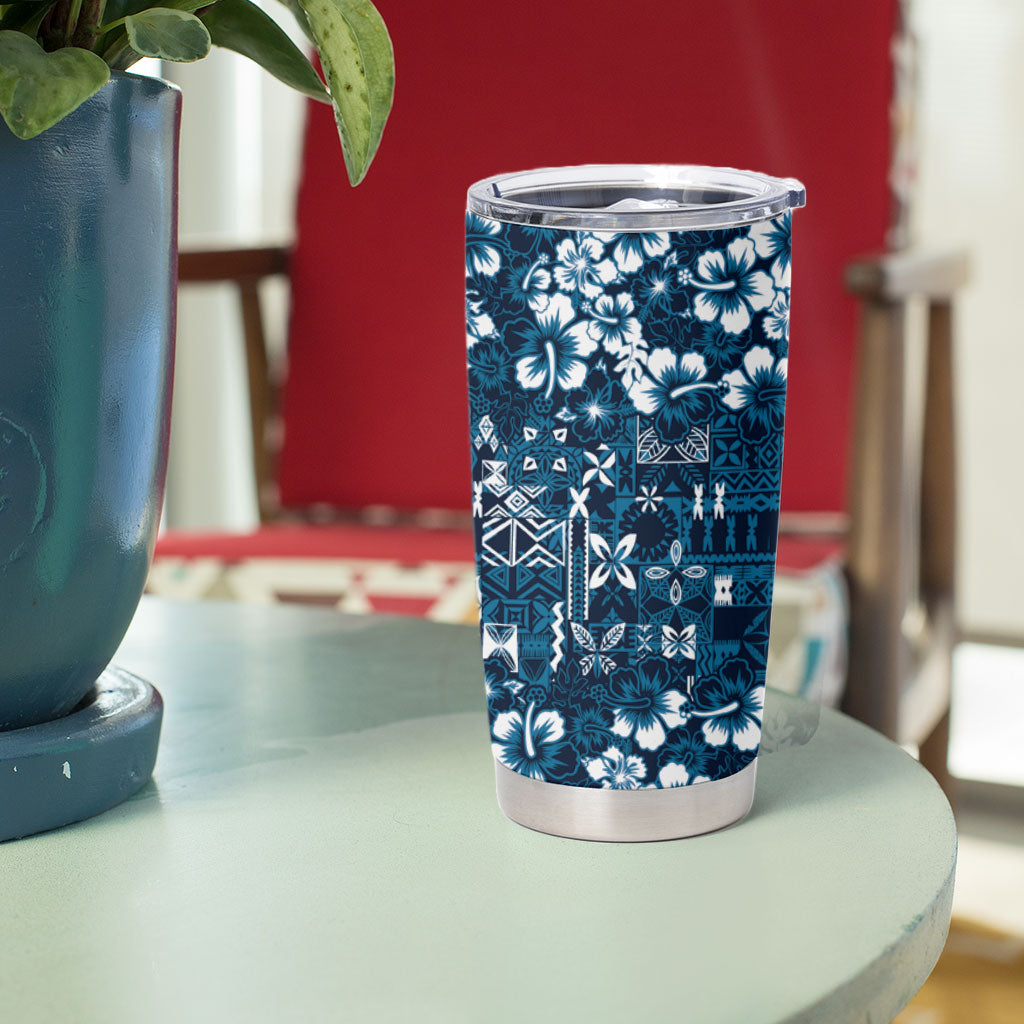 Blue Hawaiian Tapa Tribal Hibiscus Tumbler Cup LT9 - Polynesian Pride