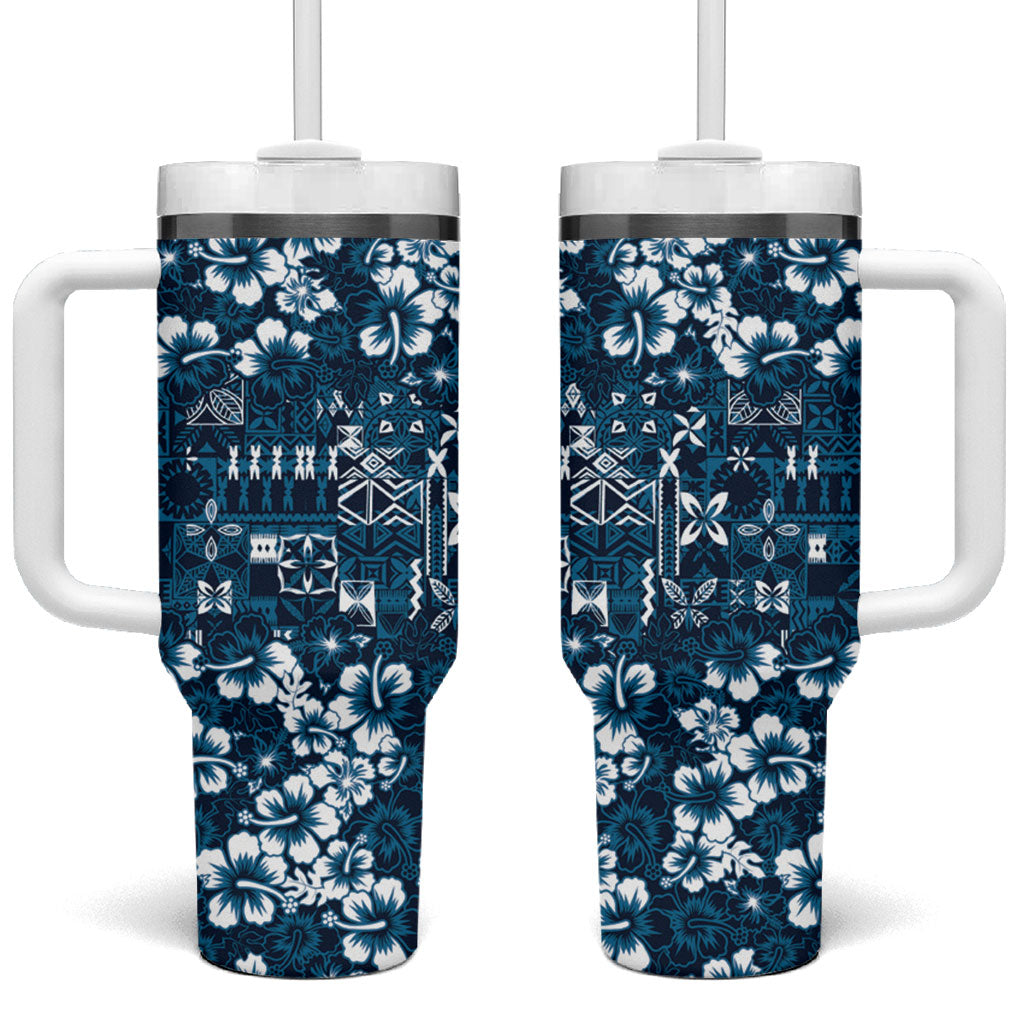Blue Hawaiian Tapa Tribal Hibiscus Tumbler With Handle LT9 One Size: 40 oz Blue - Polynesian Pride