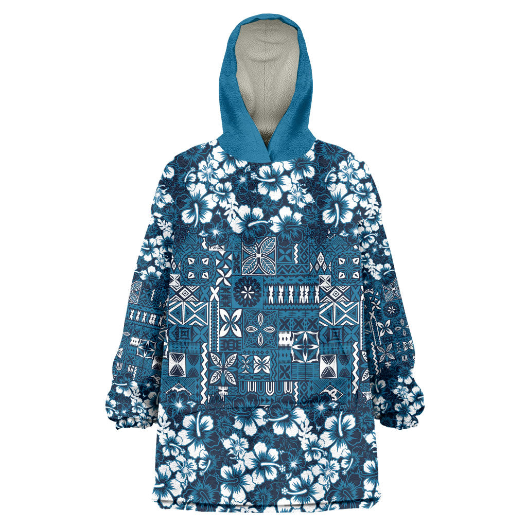 Blue Hawaiian Tapa Tribal Hibiscus Wearable Blanket Hoodie LT9 One Size Blue - Polynesian Pride